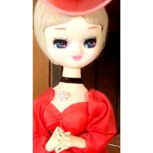 Vintage Big Eyes Bradley Doll -Red Dress trimmed in Lace w/ Head Piece 12" tall